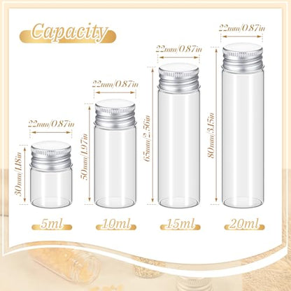 Didaey 100 Pcs Small Clear Vials Spice Mini Jars with Lids Mini Glass Bottles with Screw Aluminum Metal Caps Tiny Jars Sample Containers for Powder Cream Cosmetic Jewelry Wedding (4 Size,Silver Caps) - color: Silver Caps, size: 4 ml