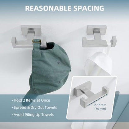 Angle Simple Bathroom Double Hook 2 PCS, SUS304 Stainless Steel Hand Towel Holder, Bath Towel Hanger, Modern Robe Hook for Wall, Brushed Nickel - color: Brushed Nickel, size: 2 Pack