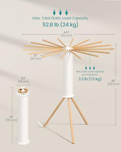 SONGMICS Clothes Drying Rack Foldable, Rotary Tripod Laundry Drying Rack, Rotatable Portable Floor Standing Clothes Airer, Laundry Room Balcony, 16 Pull-Out Wood Arms, Natural Color ULLR530YW01 - style: Wood Arms
