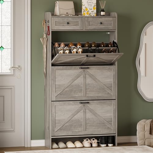 BORNOON Shoe Storage Cabinet for Entryway, Farmhouse Narrow Shoe Cabinet with 3 Flip Drawers & 2 Top Drawers, Adjustable Shelves & Hooks, Freestanding Hidden Rack Organizer for Hallway, Foyer - color: Light Gray, size: 3 Flip Drawer