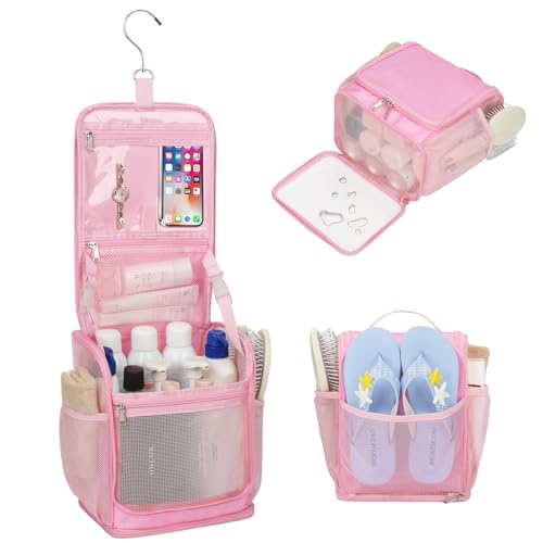 Mesh Shower Caddy Portable, Toiletry Bags for Travel, Hanging Shower Organizer Tote Bag for College Dorm Students Girls Boys, Dry and Wet Separation with Metal Hook - Pink - color: Pink
