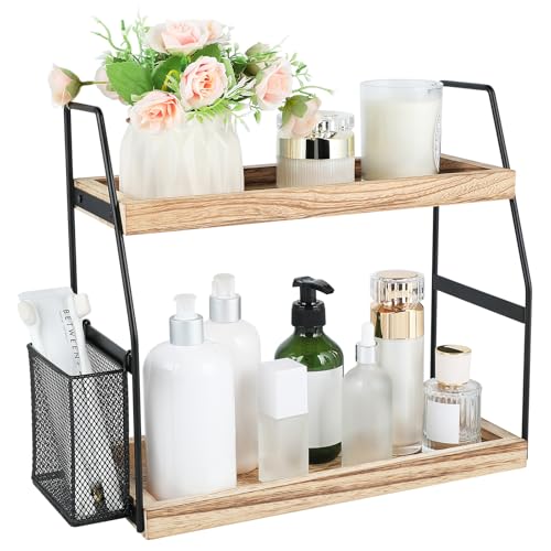 Bathroom Counter Organizer, 2-Tier Standing Storage Shelf with Basket, Wood Tray for Skincare Vanity Organizer - style: 2 Tier Brown