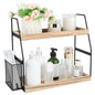 Bathroom Counter Organizer, 2-Tier Standing Storage Shelf with Basket, Wood Tray for Skincare Vanity Organizer - style: 2 Tier Brown