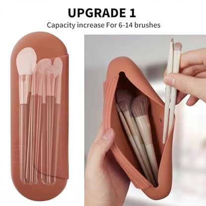 AGIKET Silicone Makeup Brush Holder Travel Cosmetic Bag：Soft Portable Cosmetic Face Brushes Holder with Upgrade Anti-Fall Out Magnetic Closure, Large Travel Makeup Brush Case - Brown - color: Brown, style: Brush Holder
