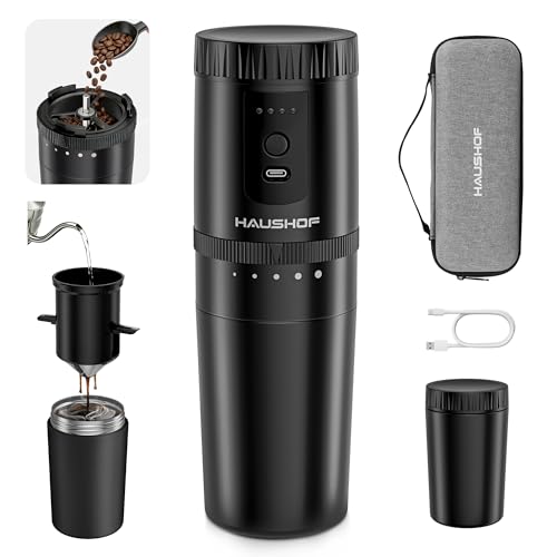 HAUSHOF Portable Coffee Grinder, Camping Coffee Makers, Portable Burr Coffee Grinder and Brewing Kit, Rechargeable, Personal Cordless Coffee Maker for Car, Camping, for Home Use - color: Black