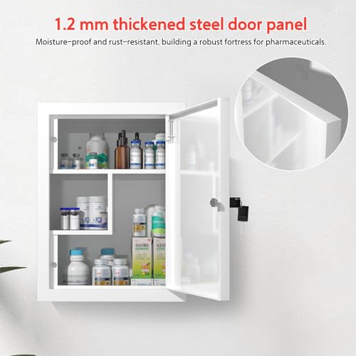 Locking Medicine Cabinet Wall-Mount: Storage Cabinet with Lock & Key - White Metal First Aid Kits for Family Safety and Childproofing - color: Matte White