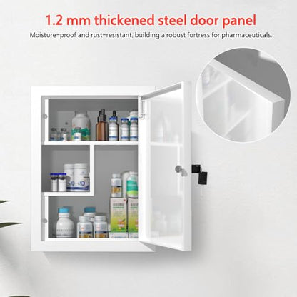 Locking Medicine Cabinet Wall-Mount: Storage Cabinet with Lock & Key - White Metal First Aid Kits for Family Safety and Childproofing - color: Matte White