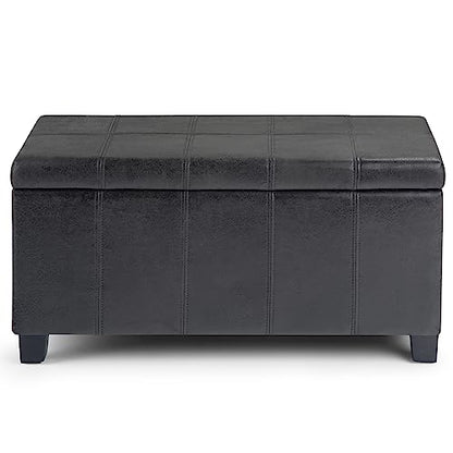 SIMPLIHOME Dover Storage Ottoman Bench - 36 inch Wide Upholstered Vegan Leather Rectangular Lift-Top Ottoman in Distressed Black, Contemporary Bench for Living Room with Safety Hinges - color: Distressed Black