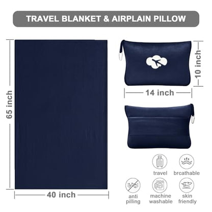 Travel Blanket and Pillow Compact, Premium Soft 2 in 1 Airplane Blanket with Soft Bag Pillowcase，Hand Luggage Sleeve and Backpack Clip (Navy) - color: Navy