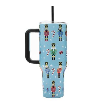 Bioworld Nutcrackers Vacuum Insulated 40 Oz. Stainless Steel Tumbler with Reusable Straw & Leak-Proof Lid Easy Carry Handle for Travel or Home - color: Nutcrackers Blue