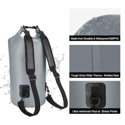 Piscifun Dry Bag, Waterproof Floating Backpack 10L/20L/30L/40L with Waterproof Phone Case for Boating, Kayaking, Fishing - color: Grey, style: 20l
