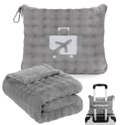 Gray Travel Blanket for Airplane, Soft Lightweight Flannel Blanket, Compact & Portable with Storage Bag, Luggage Strap & Clip, Cozy Travel Essential for Flights, Road Trips & More,40.7''×64.1‘’ - color: Grey