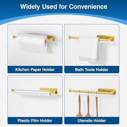 Paper Towel Holder - Self-Adhesive or Drilling, Gold, Wall Mounted, SUS304 Stainless Steel Kitchen Roll Dispenser Under Cabinet - color: Gold