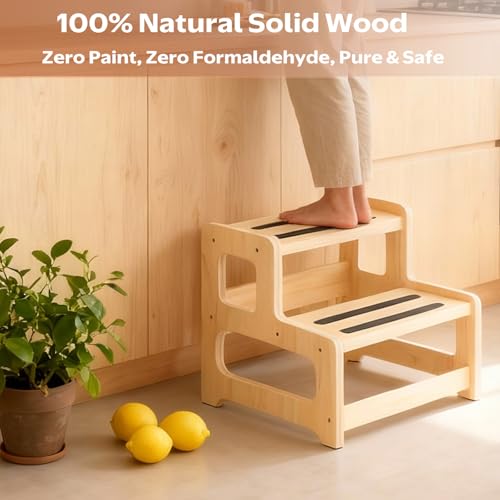 Toddler Step Stool, Step Stool for Kids, Toddler Stool for Bathroom Sink & Potty Training, Wooden Step Stools w Non Slip Base for Kitchen, Bedroom - color: Light Brown