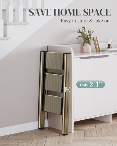 3 Step Ladder, Folding Step Stool with Wider Pedal, Anti-Slip Feet & Non Slip Stripes, Aluminum Sturdy Material, 300Lbs Capacity, Elegant Look of Champagne Gold Better Matches Your Home - color: Champagne Gold, size: 3 Step