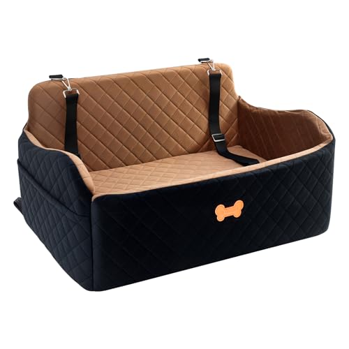 Car Seat for Large Size Dog, Booster Seat for Dogs Under 55 lbs or 2 Small Dogs, Soft Car Dog Bed Filling in Thick Memory Foam with 2 Safety Leashes and Storage Pocket (Brown/Black) - color: Brown/Black