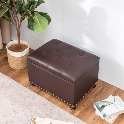 Joveco Faux Leather Storage Ottoman Bench Rectangle 24 Inch Foot Rest Ottomans (Brown) - color: Brown