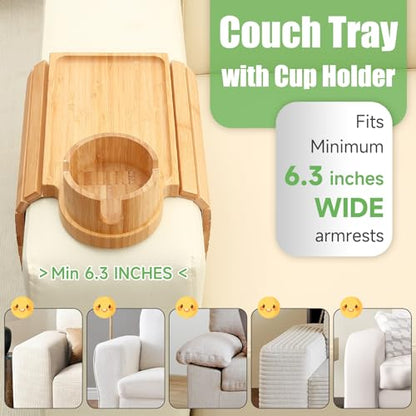SINWANT Couch Cup Holder Tray,Large Bamboo Couch Armrest Table with Cup Holder,Foldable Anti-Slip Sofa Arm Tray for Coffee Cup,Water Bottles,Mug,Snacks,Remote - color: Bamboo