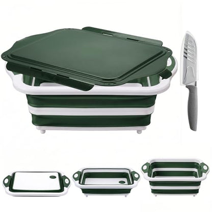 Collapsible BBQ Prep Tub with Lid, Foldable Camping Sink with Colander, Cutting Board, Dish Basin for Kitchen, Bowl, Vegetable and Fruit, Storage Basket for Picnic-Green - color: Green