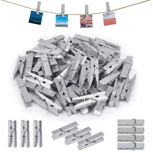 50pcs Silver Wooden Clothes Pins for Photos - 1.38inch Wood Clothespins Card Clips Photo Clips Clamp Natural Wooden Peg Pin Compatible Baby Shower,Gift Wrapping, Picture Hanging, Arts&Crafts - color: Silver, size: 3.5*0.7cm