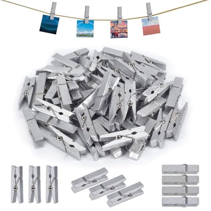 50pcs Silver Wooden Clothes Pins for Photos - 1.38inch Wood Clothespins Card Clips Photo Clips Clamp Natural Wooden Peg Pin Compatible Baby Shower,Gift Wrapping, Picture Hanging, Arts&Crafts - color: Silver, size: 3.5*0.7cm