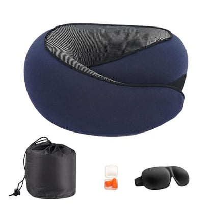 Cloud Sleep Travel Pillow｜360° Adjustable Neck Pillow for Airplane & Office｜NASA Memory Foam｜Free Eye Mask & Earplugs (Dark Blue) - color: Dark Blue