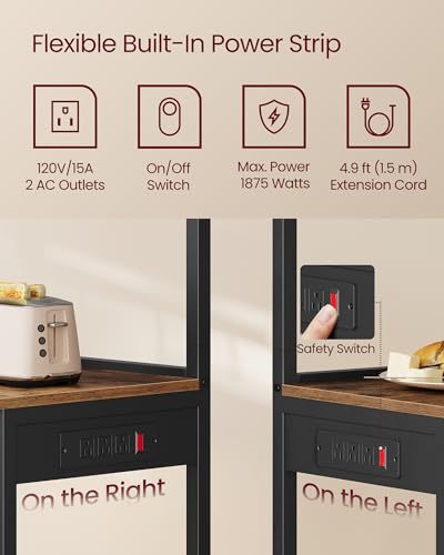 VASAGLE BARNET Collection - Kitchen Bakers Rack with Power Outlet, 31.5-Inch Wide Coffee Bar 4-Tier with 8 S Hooks, Modern Microwave Stand, Adjustable Shelf, Rustic Brown and Ink Black UKKS029KD01 - color: Rustic Brown + Ink Black, size: 31.5"W