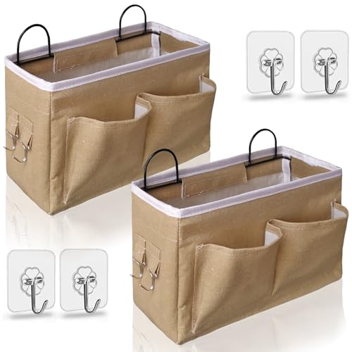 Kanrichu 2pcs Middle Wall Hanging Organizer Bag, Linen Fabric Door Hanging Storage Basket with Pockets, Waterproof Bin for Kitchen, Bedroom, Office, RV Camper (Khaki) - color: Khaki-Middle (2 pcs)