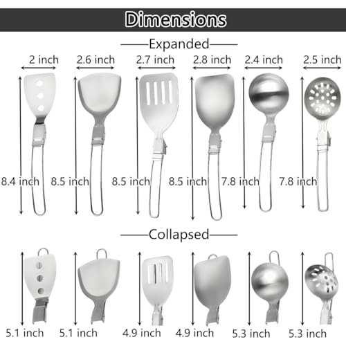 6Pcs Camping Cooking Utensil Set，Camp Kitchen Utensil Set，Stainless Steel Portable Folding Outdoor Cooking Utensil for RV Car,Tent Campers,Outdoor Picnics BBQ