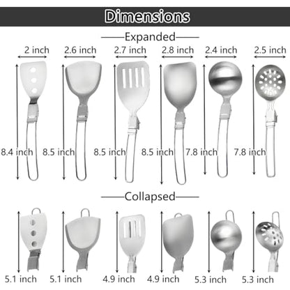 6Pcs Camping Cooking Utensil Set，Camp Kitchen Utensil Set，Stainless Steel Portable Folding Outdoor Cooking Utensil for RV Car,Tent Campers,Outdoor Picnics BBQ