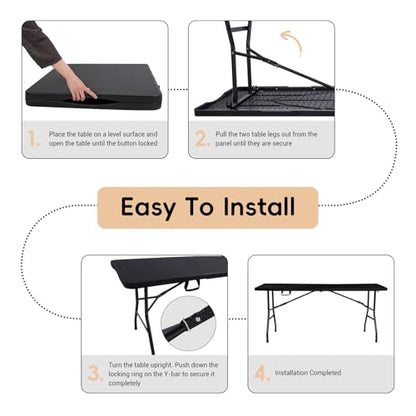 pollilar Folding Table 6FT HDPE 6 Foot Foldable Table Portable Banquet Surface Fold-in-Half Desk Utility for Working Meeting Parties, Picnic, Camping, Weddings, Catering, Garden Dining-Black - color: Black
