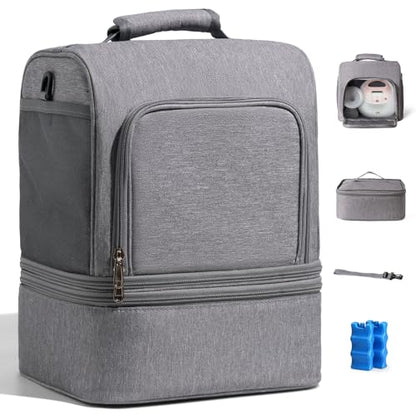 NCVI Breast Pump Bag, Double Layer Removable Pump Bag for Spectra S1, S2, Medela, Breast Pump Backpack with Ice Pack, Insulated Breast Milk Cooler Bag for Working Nursing Moms, Grey - color: Dark Grey