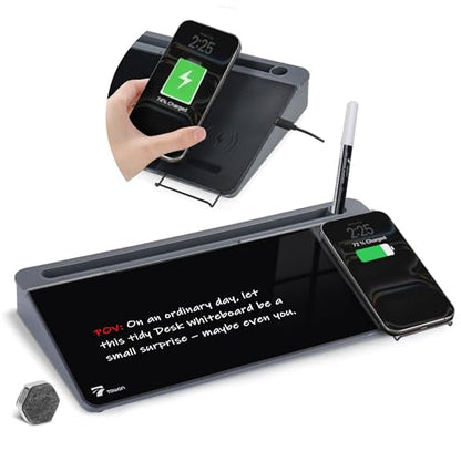 TOWON Glass Desk Whiteboard with Wireless Charger, Desktop Dry Erase Board with Storage & Phone Stand – Compact ~16 x 7 in, Black – Includes Marker & Eraser, Tempered Glass, Rewrite Reusable - color: Black Charger