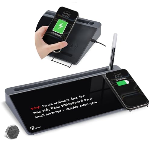 TOWON Glass Desk Whiteboard with Wireless Charger, Desktop Dry Erase Board with Storage & Phone Stand – Compact ~16 x 7 in, Black – Includes Marker & Eraser, Tempered Glass, Rewrite Reusable - color: Black Charger