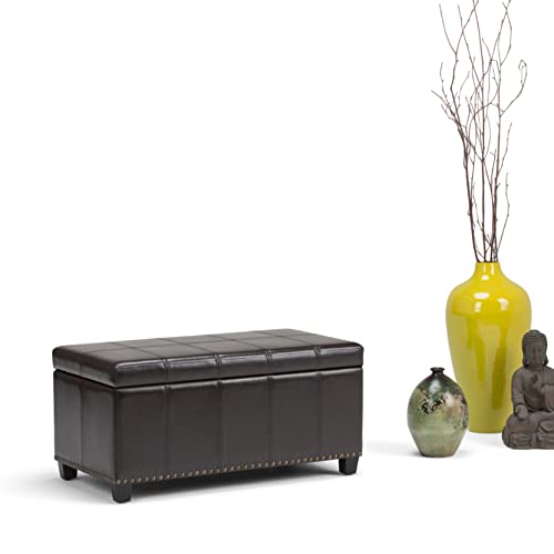 SIMPLIHOME Amelia Storage Ottoman - 33 inch Wide Vegan Leather Rectangle Storage Ottoman Bench in Tanners Brown, Transitional Ottoman for Living Room with Nailhead Trim and Lift-Up Lid - color: Tanners Brown