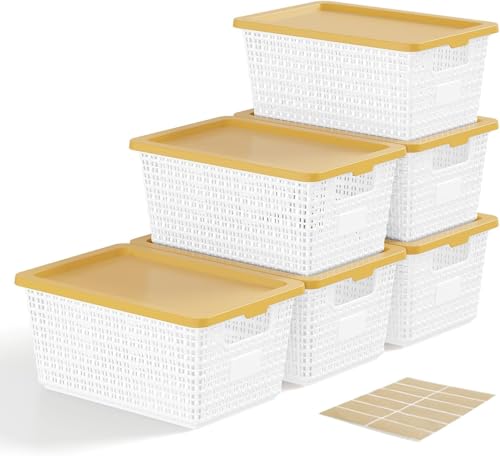 NUMIFUN Plastic Storage Bins with Latching Lids – Stackable Storage Baskets with Lids for Pantry, Closet, Bedroom & Shelves | Durable Organization Boxes for Home,Office & Classroom, 6 Pack, White - color: White