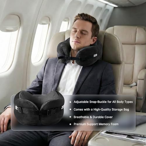 Neck Pillow Travel Pillow - 100% Pure Memory Foam Airplane Pillow with Adjustable Clasp & Removable Cover, Portable Travel Essentials for Long Flights, Car & Office (Black) - color: Black