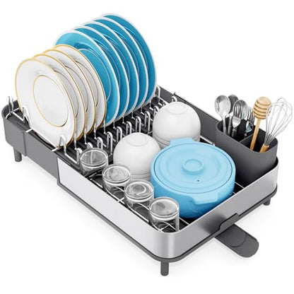 Urackify Dish Drying Rack - Dish Drainer for Kitchen Counter, Stainless Steel Dish Rack with Swivel Draining Spout & Drain Board, Expandable Space-Saving Kitchen Dish Organizer for 3-4 People, Grey - color: Gray