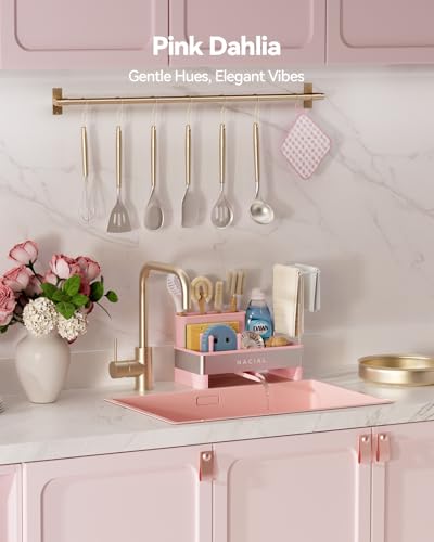 Nacial Sponge Holder for Kitchen Sink, Sink Caddy Organizer with High Brush Holder & Two Towel Racks - Rustproof 304 Stainless Steel Kitchen Countertop Storage Essentials - Pink - color: Pink Dahlia