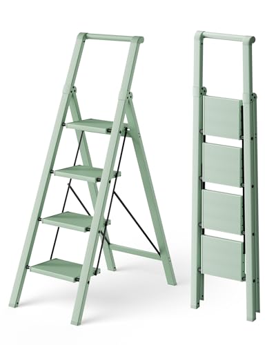 HillhutApex 4 Step Foldable Aluminum Step Ladder with Handgrip, Anti-Slip Pedal, 330 lbs Capacity, Lightweight & Portable for Home, Kitchen, Office, Garage (Pale Green) - color: Pale Green, size: 4 Step With Handrail