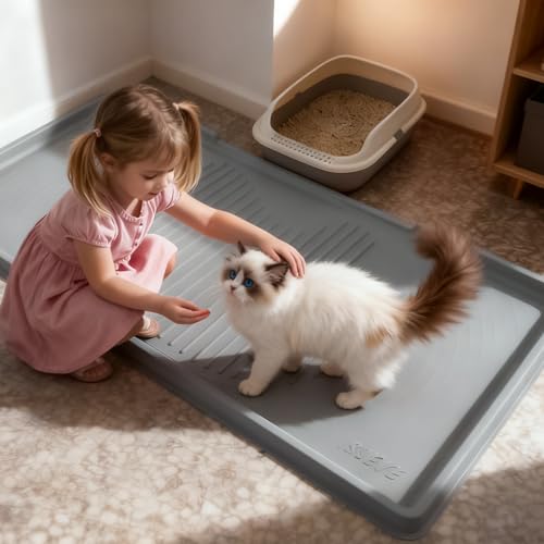 ISSEVE Cat Litter Mat 54" x 27.5" XXL, Extra Large Silicone Mat for Litter Box, 1.38" Raised Edge Urine Proof Litter Trapping Mat Pad for Scatter Control, Soft on Kitty Paws, Protect Floor (Grey) - color: Light Grey