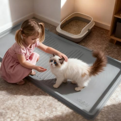 ISSEVE Cat Litter Mat 54" x 27.5" XXL, Extra Large Silicone Mat for Litter Box, 1.38" Raised Edge Urine Proof Litter Trapping Mat Pad for Scatter Control, Soft on Kitty Paws, Protect Floor (Grey) - color: Light Grey