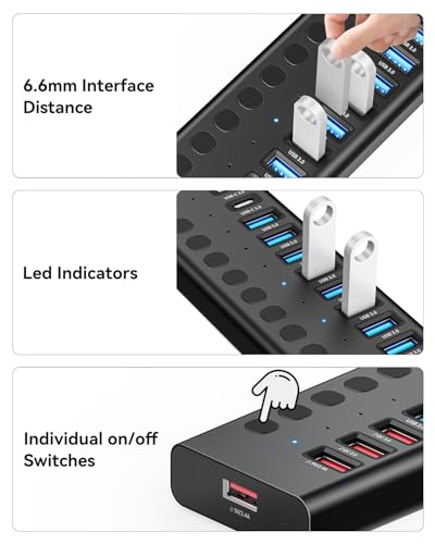Powered USB Hub, AGEEN 16-Port USB 3.0 Hub (10 USB-A 3.0+2 QC 24W Fast Charging+2 Smart Charging+2 USB-C 3.0 Ports), 12V/8A 96W UL Certified Power Adapter for PC, Laptop, HDD, Flash Drive (16-Port) - size: 16-Port