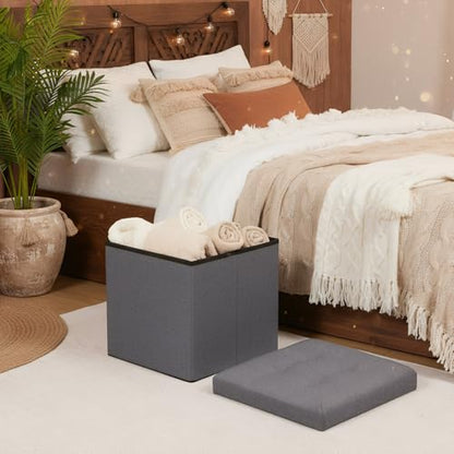 B FSOBEIIALEO Storage Ottoman Cube Foldable Footrest, Chest & Seat for Living Room, Nursery, Bedroom 12.6 Inch Cube (Linen Grey) - color: Grey