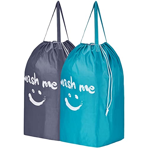 HOMEST 2 Pack Wash Me Travel Laundry Bag with Handles, Square Base Can Carry Up to 3 Loads of Clothes, Dirty Garments Storage with Drawstring Closure,Light Blue and Grey