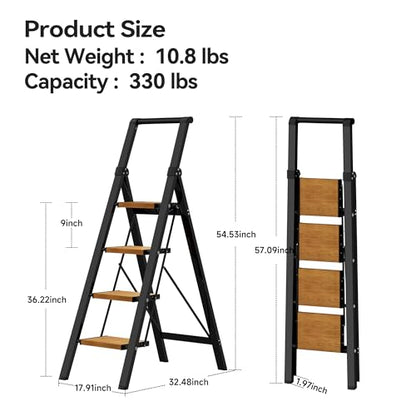 HillhutApex Step Ladder, Aluminum Lightweight Folding 4 Step Stool with Anti-Slip Wide Pedal, 330lbs Capacity Steel Ladder for Household and Office - color: Black&woodgrain, size: 4 Step With Handrail
