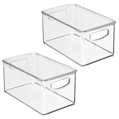 mDesign Plastic Deep Storage Bin Box Container with Lid and Built-In Handles - Organization for Fruit, Snacks, or Food in Kitchen Pantry, Cabinet, or Cupboard, Ligne Collection, 2 Pack, Clear