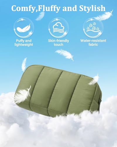 oscaurt 2 Pcs Makeup Bag Travel Toiletry Bag for Women Puffy Padded Cosmetic Pouch Purse Wide-open Makeup Organizer Case Travel Essentials - color: Army Green-Set