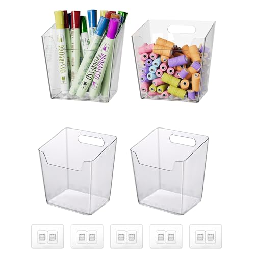 Clear Adhesive Wall Storage Bins, 4 Pack Cabinet Door Organizer Holders, Hanging Wall Mount Pockets, Plastic Cups for Shower Bathroom Makeup Office Craft Remote Kitchen Sink RV Organization (Small) - size: Small