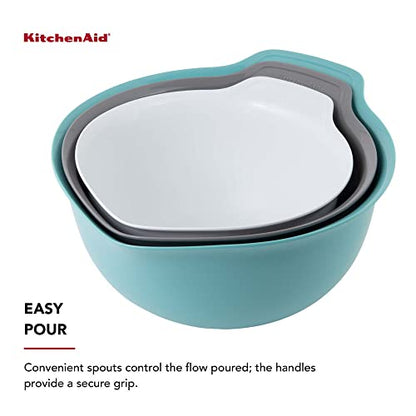 KitchenAid Universal Nesting Plastic Mixing Bowls, Set Of 3, 2.5 quart, 3.5 quart, 4.5 quart, Non Slip Base with Easy Pour Spout to Reduce Mess, Dishwasher Safe, Aqua Sky, White, Gray - color: Aqua Sky White Gray, size: Set of 3